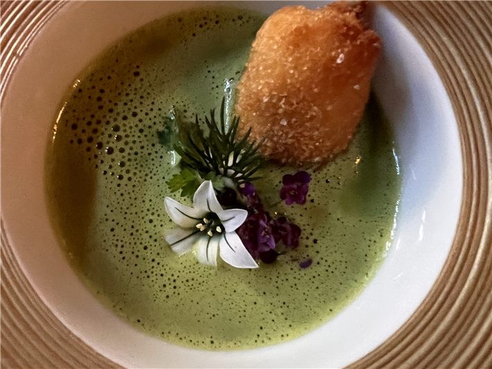 wild garlic veloute and frogs leg